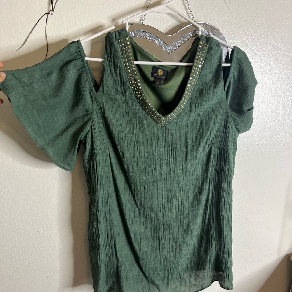 JM Collection Studded Green Cold Shoulder Blouse